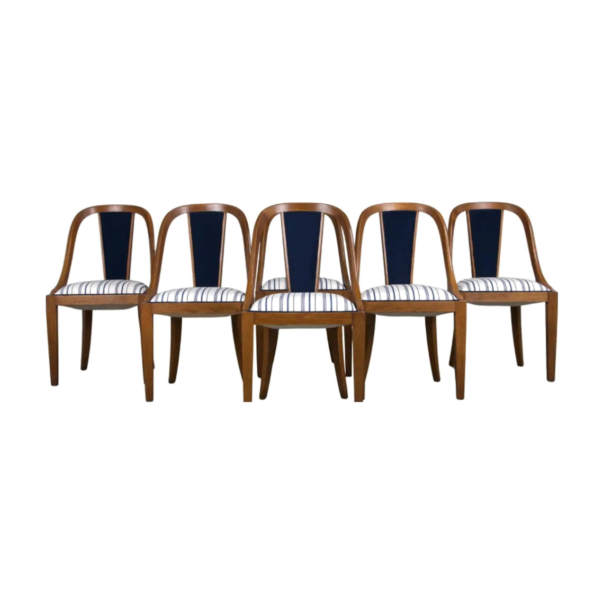 1930s French Art Deco Gondola Maple Dining Chairs on a white background