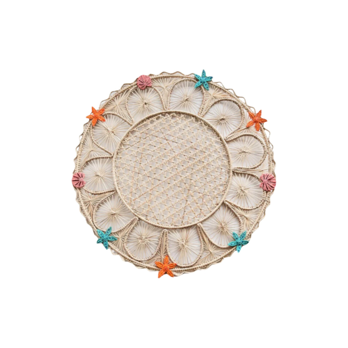 Handwoven Iraca Straw Coral Reef Placemat, shown on a white background