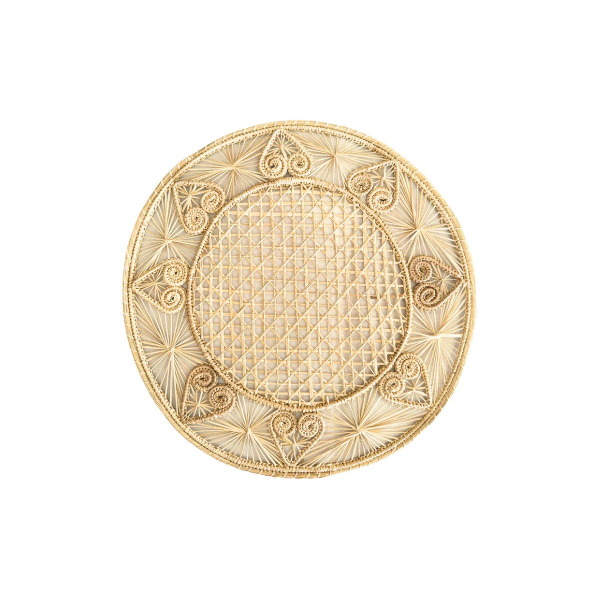Handwoven Heart Caracol Iraca and Straw Placemat, shown on a white background