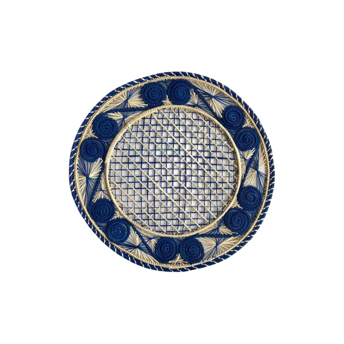 Handwoven Blue Caracol Iraca and Straw Placemat, shown on a white background