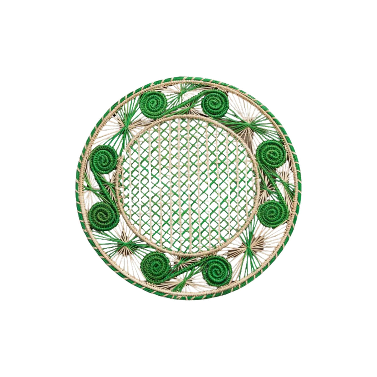 Handwoven Green Caracol Iraca and Straw Placemat, shown on a white background