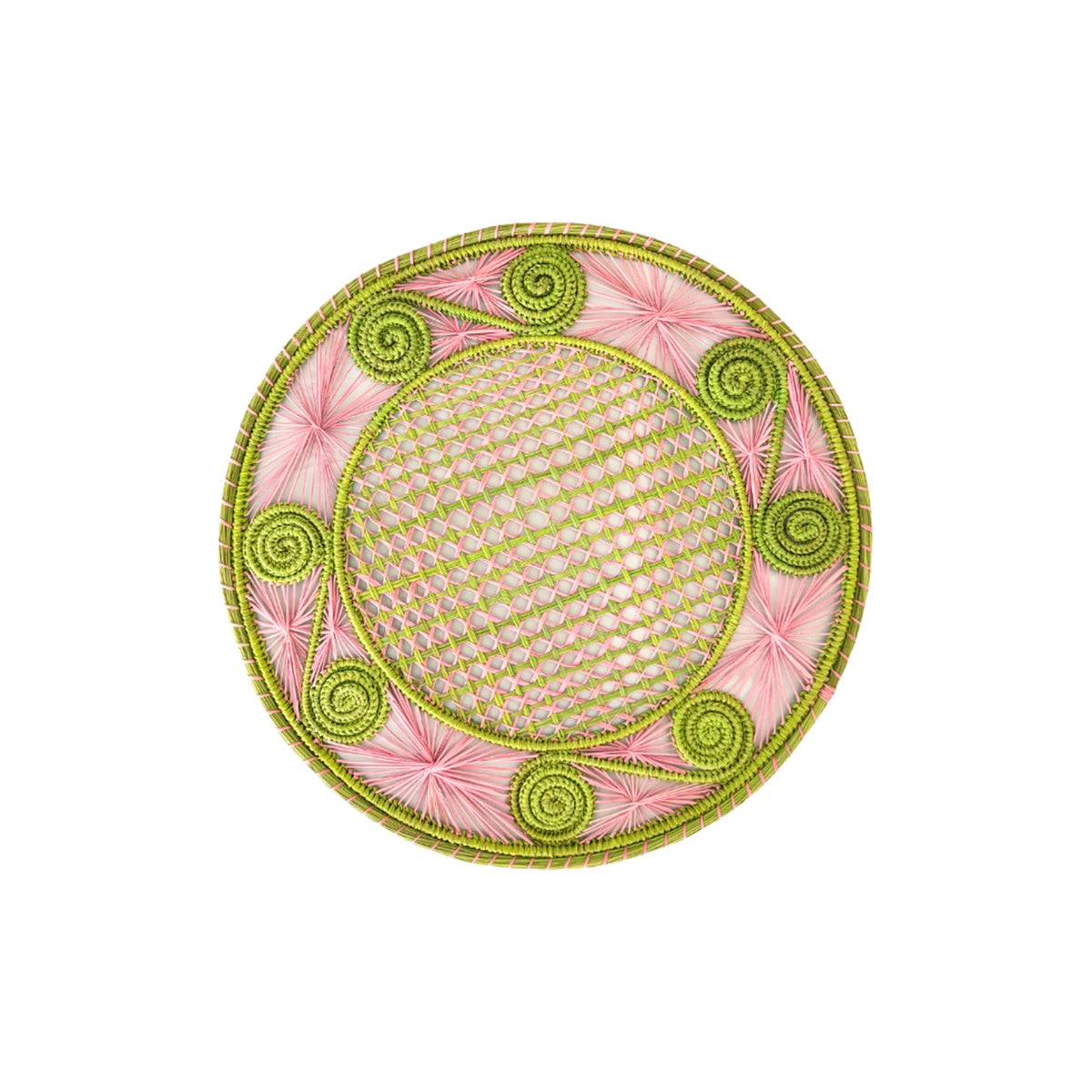 Handwoven Pink/Green Caracol Iraca and Straw Placemat, shown on a white background