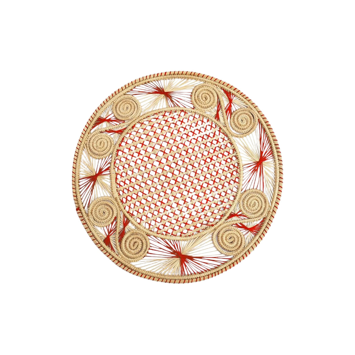 Handwoven Red Caracol Iraca and Straw Placemat, shown on a white background