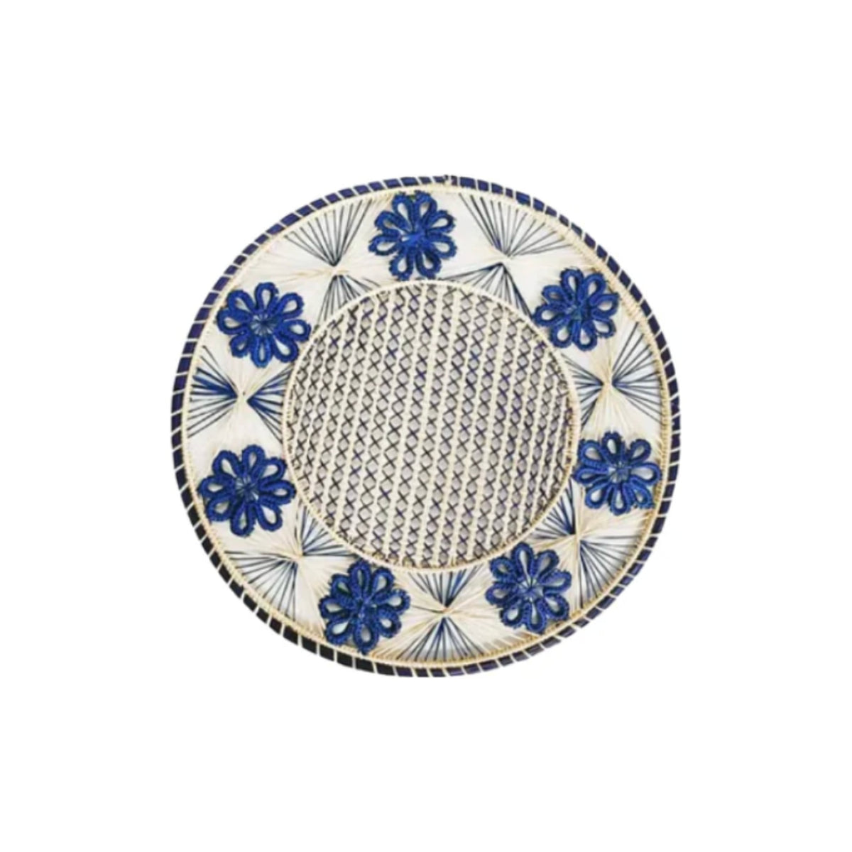Handwoven Iraca Navy Flora Placemat, shown on a white background