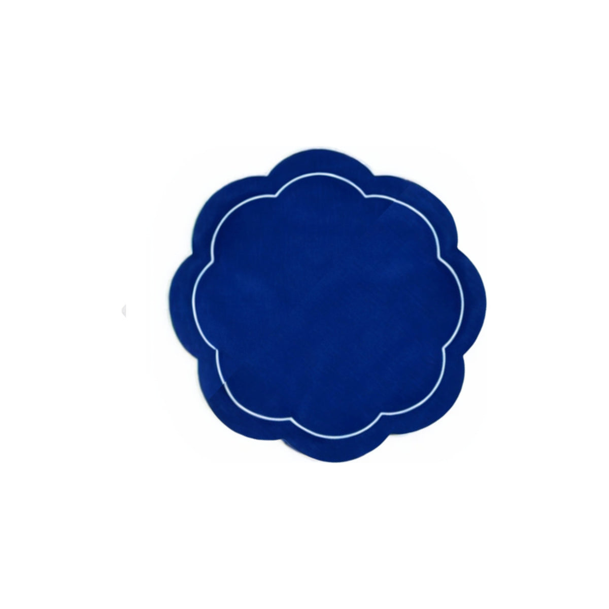 Navy Blue Linen with White Embroidery Round Placemats, Set of 4, shown on a white background