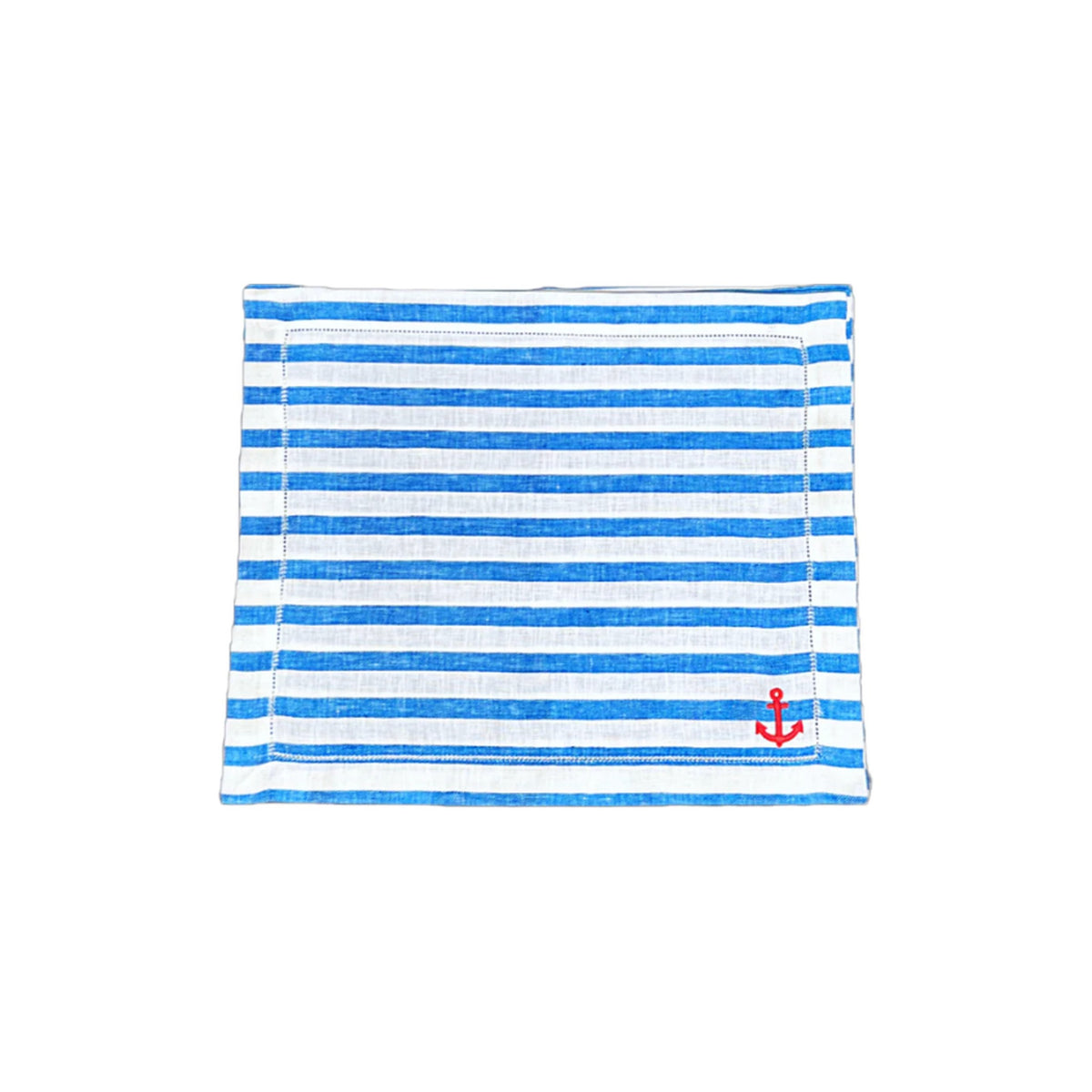 Set of 4 Blue and White Striped Linen Placemats with Coral Embroidered Anchor, shown on a white background