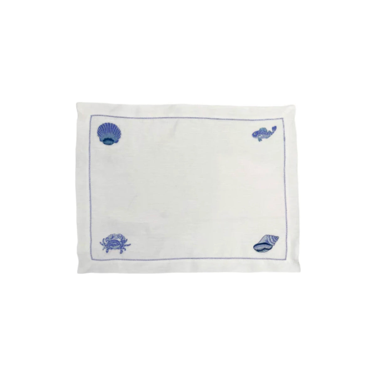 Mixed Sea Life Embroidered on White Linen with Fresh Blue Hem Stitch Placemats, Set of 4, shown on a white background