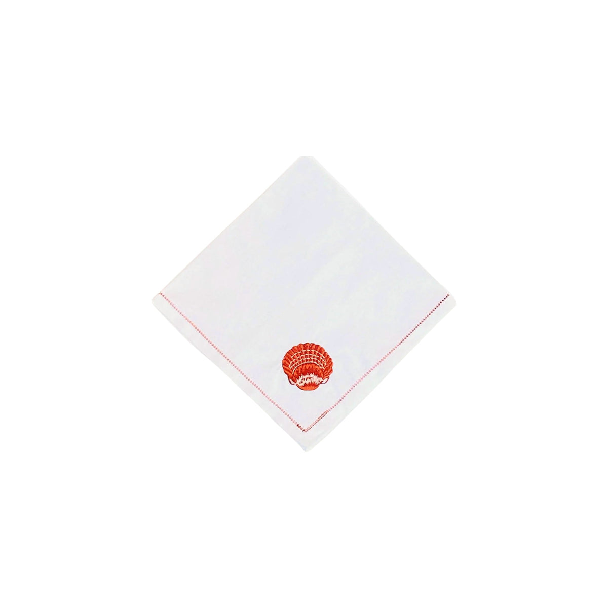 Hand Embroidered Coral Scallop Shell and Hemstitch Trim Dinner Napkins, Set of 4, shown on a white background