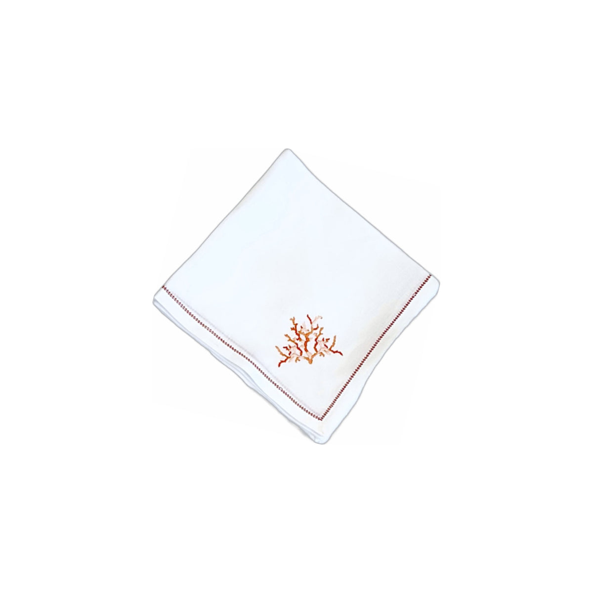 Hand Embroidered Coral Branch Coral Embroidered with Coral Hemstitch Trim Napkin, Set of 4, shown on a white background