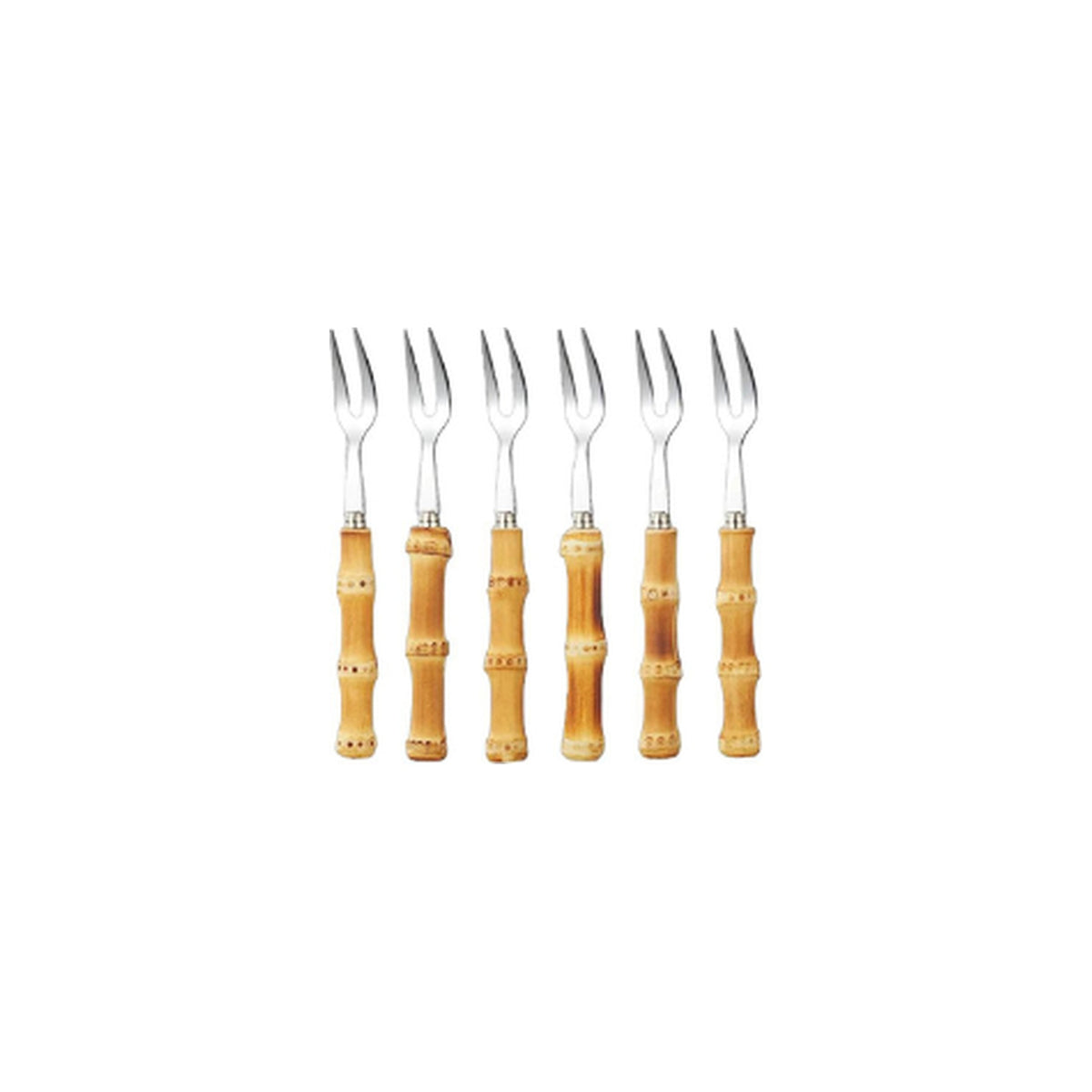 Set of 6 Cocktail Forks with Bamboo Handles, shown on a white background