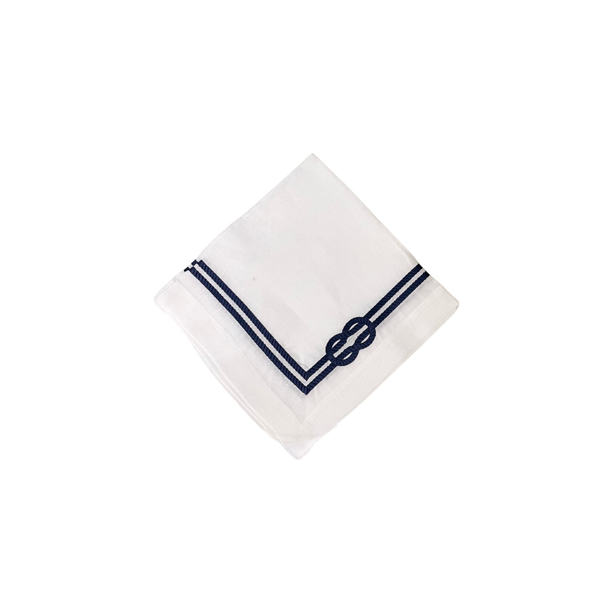 White Linen with Hand Embroidered Navy Rope Dinner Napkins, Set of 4, shown on a white background
