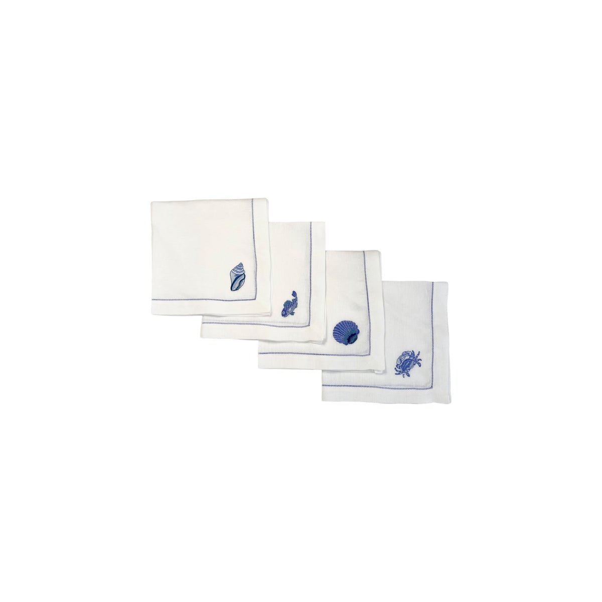 Mixed Sea Life Embroidered on White Linen & Fresh Blue Hem Stitch Dinner Napkins, Set of 4, shown on a white background