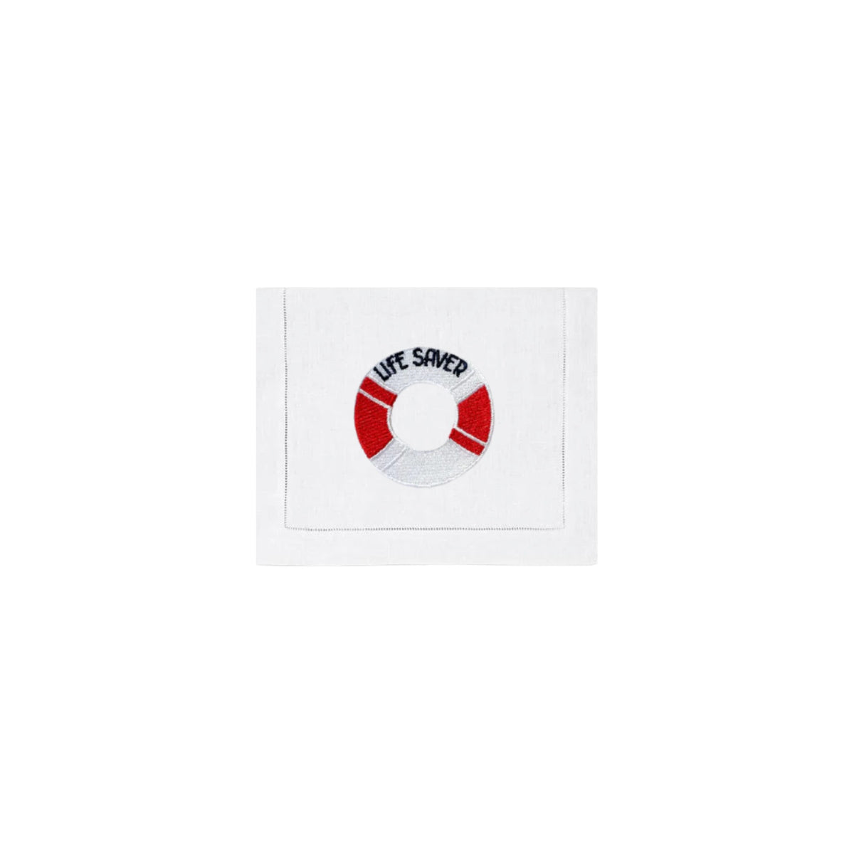 Embroidered Life Saver on White Linen Cocktail Napkins, Set of 4, shown on a white background