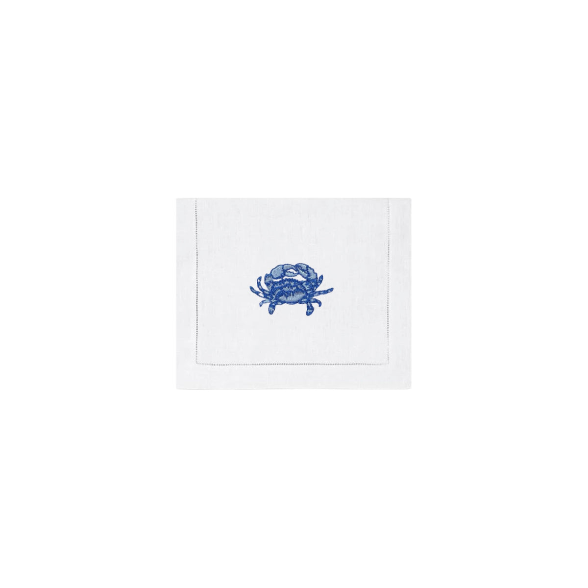 Blue Crab on White Linen Cocktail Napkins, Set of 4, shown on a white background