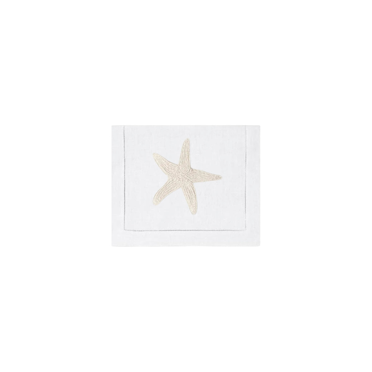 Ivory Starfish on White Linen Cocktail Napkins, Set of 4, shown on a white background