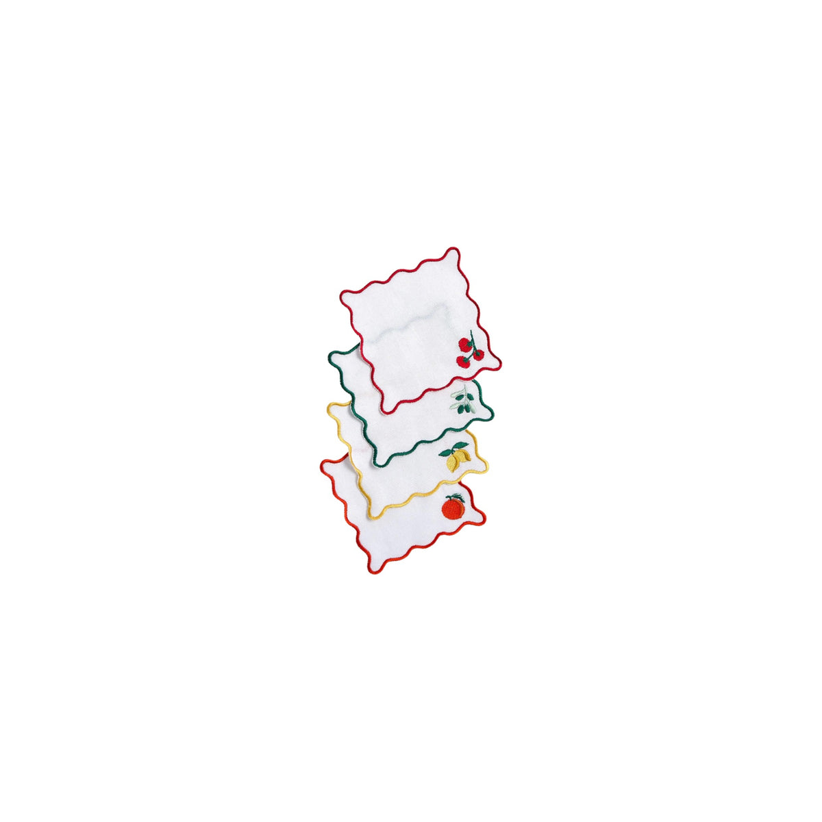 Set of 4, Fruit Cocktail Embroidered Cocktail Napkins with Scallop Edge, shown on a white background
