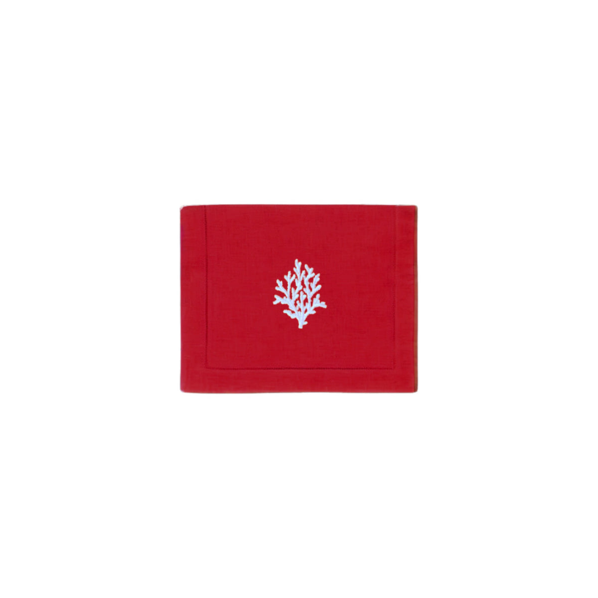 White Coral on Red Linen Cocktail Napkins, Set of 4, shown on a white background