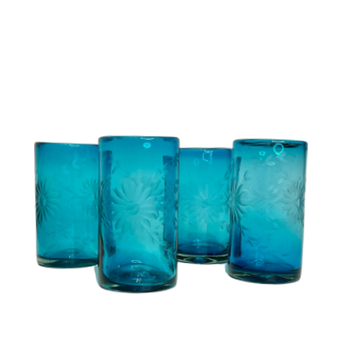 Four hand etched aqua tall glasses