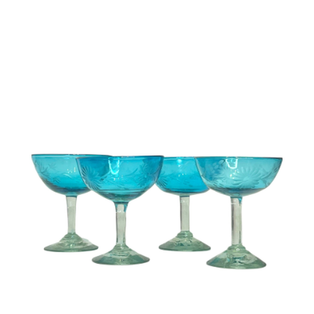 Four hand etched aqua margarita glasses