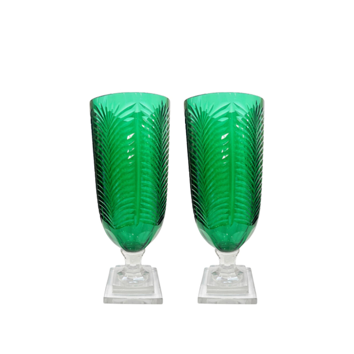 A Pair, Large Etched Palm Green Glass Hurricanes, shown on a white background