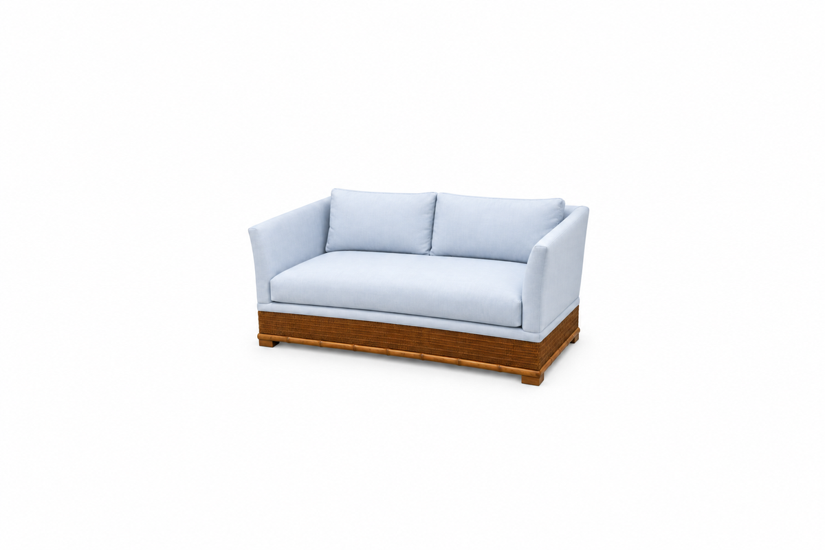 Vintage Wicker Based Sofa and Love Seat Reupholstered in Sunbrella Skyline