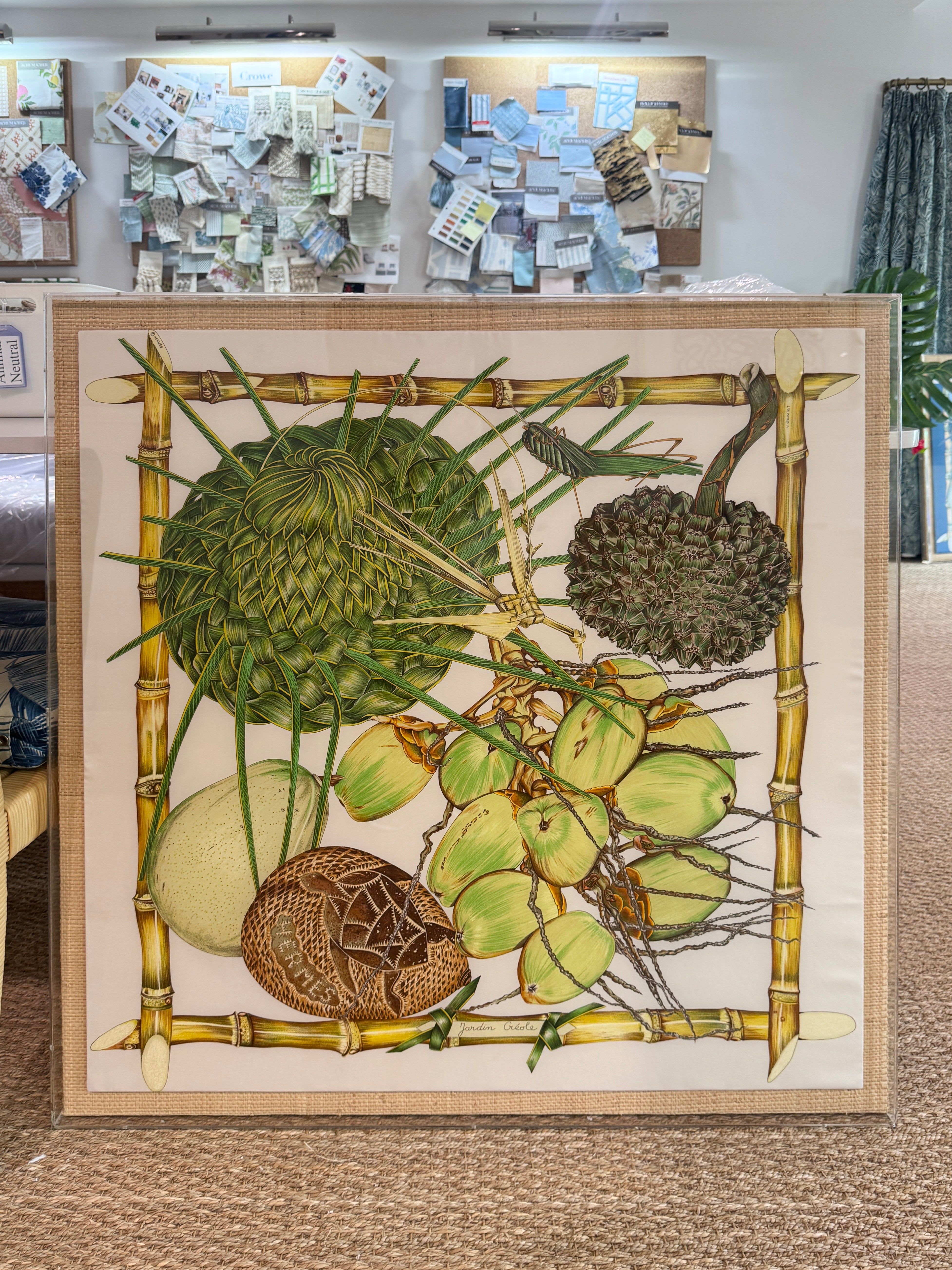 Framed Vintage Hermès Silk Scarf – Bamboo & Botanicals