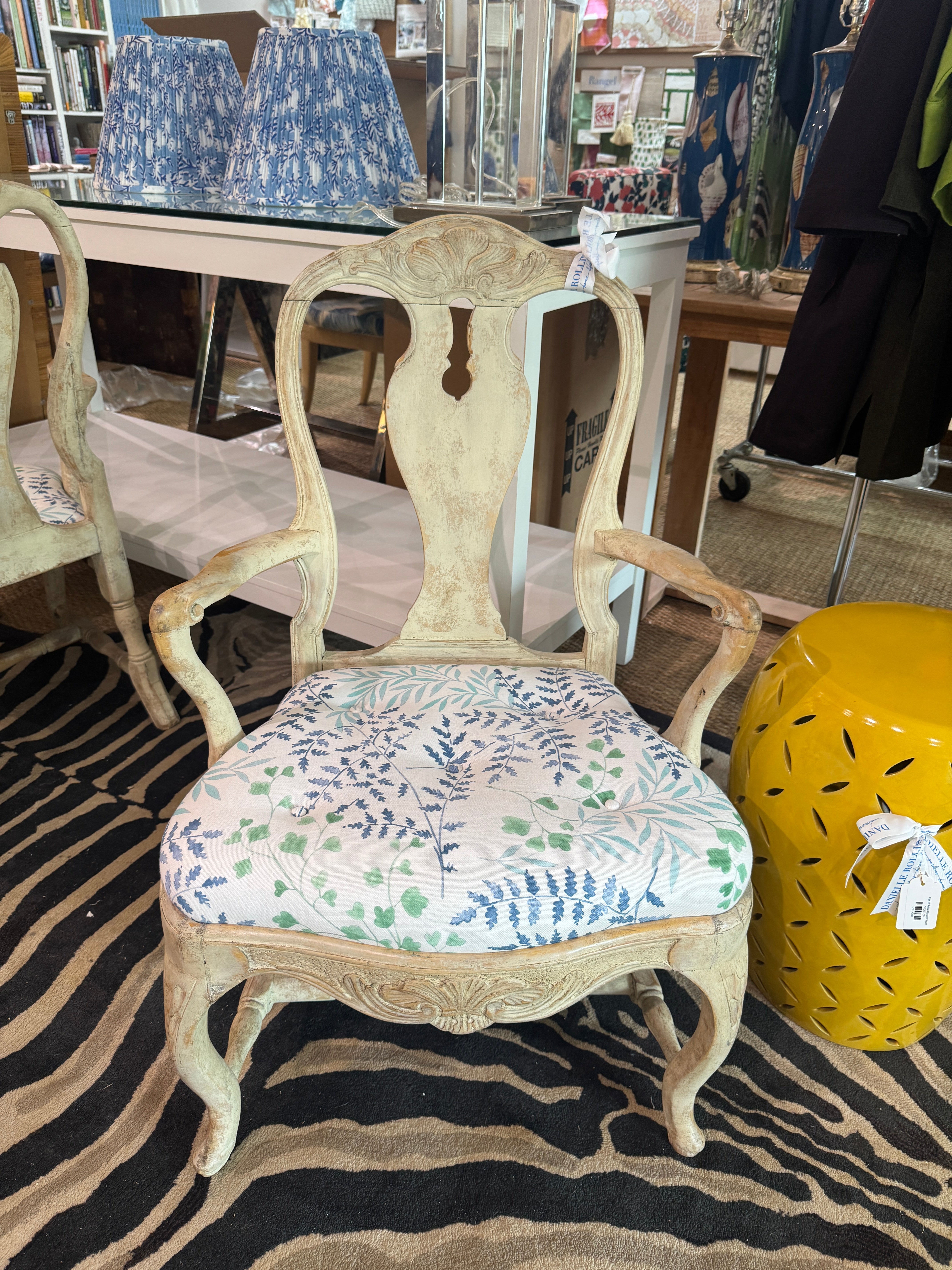 Antique White Washed Wooden Floral Chairs, A Pair