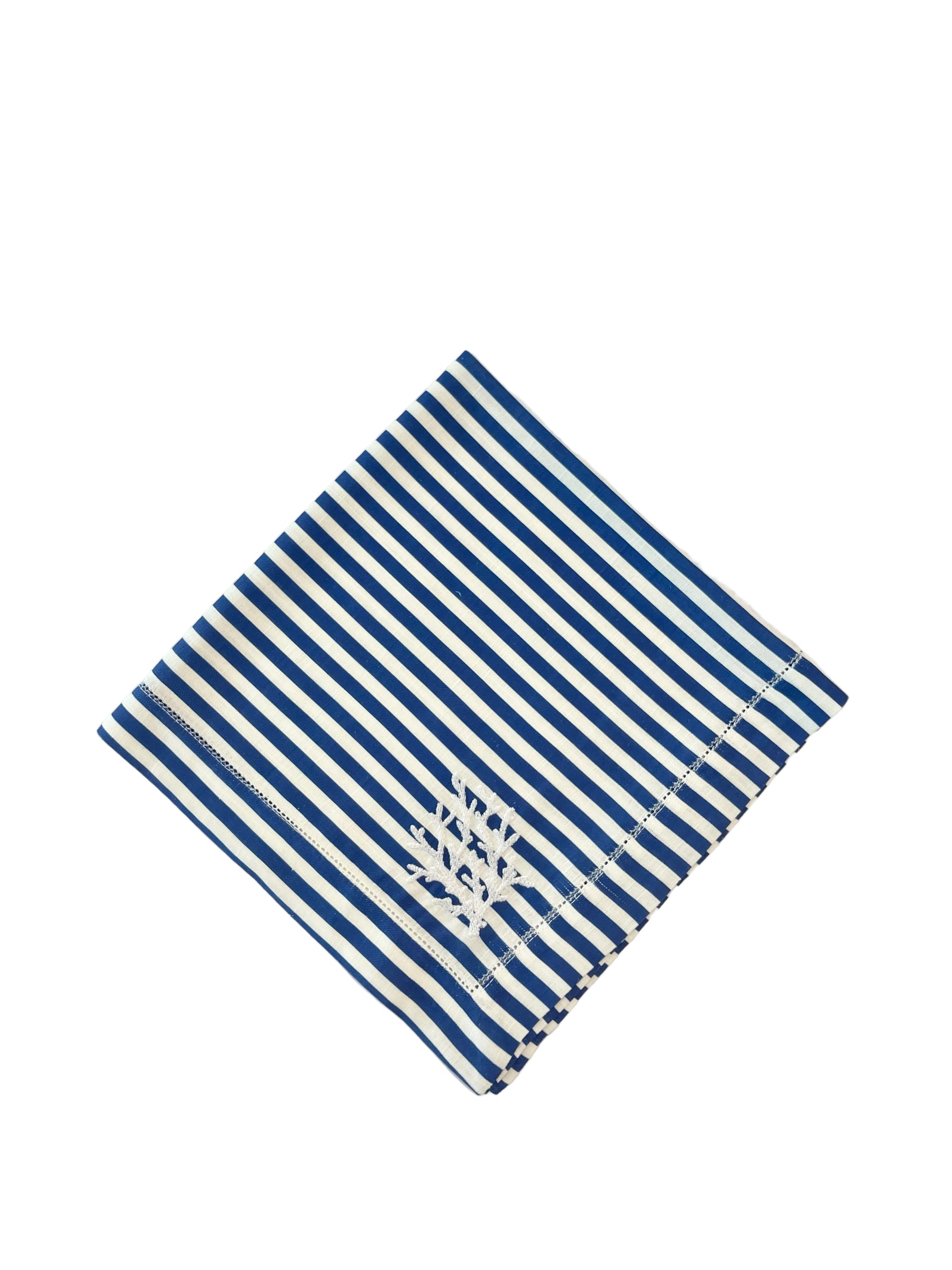 BLUE & WHITE STRIPED LINEN DINNER NAPKIN WITH WHITE CORAL EMBROIDERY DETAIL, SET OF 4