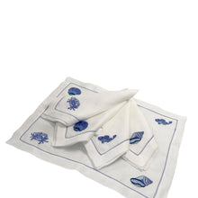 Mixed Sea Life Embroidered on White Linen with Fresh Blue Hem Stitch Placemats, Set of 4