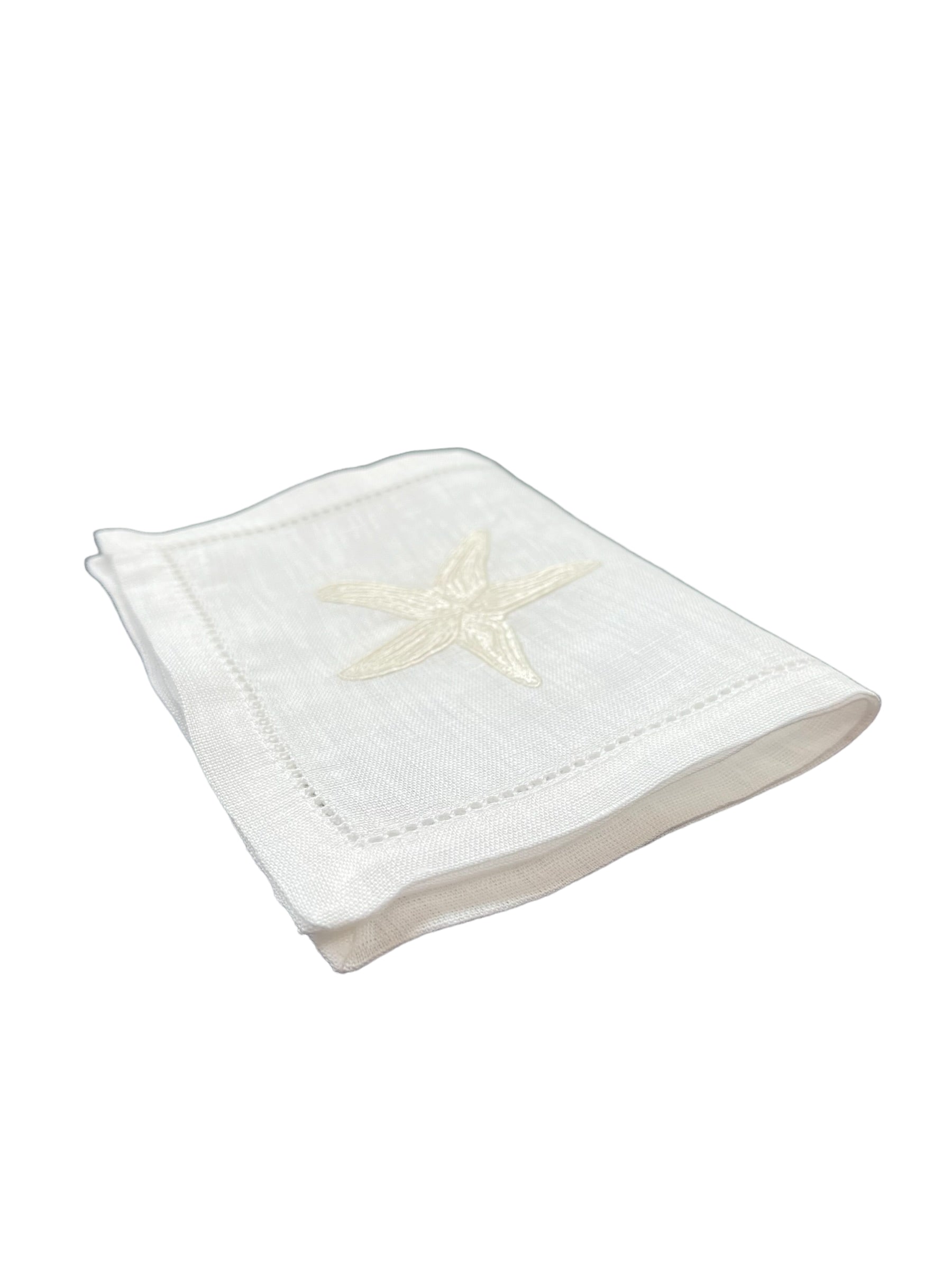 Ivory Starfish on White Linen Cocktail Napkins, Set of 4