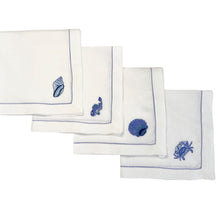 Mixed Sea Life Embroidered on White Linen & Fresh Blue Hem Stitch Dinner Napkins, Set of 4