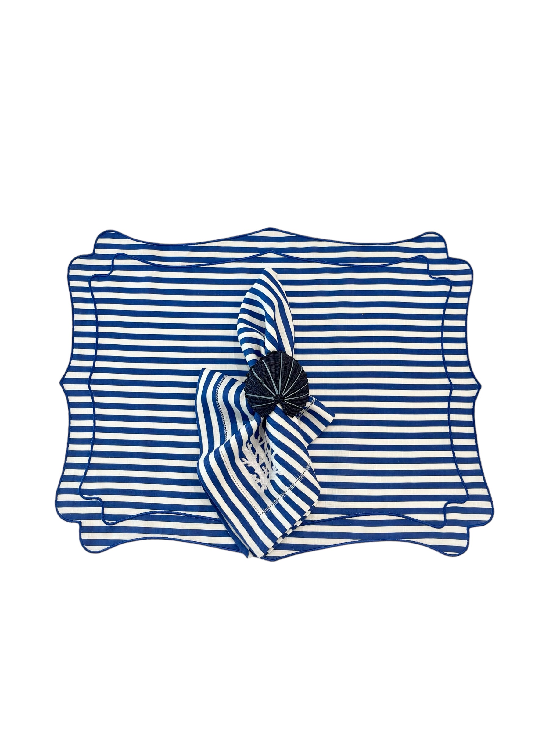 BLUE & WHITE STRIPED LINEN DINNER NAPKIN WITH WHITE CORAL EMBROIDERY DETAIL, SET OF 4