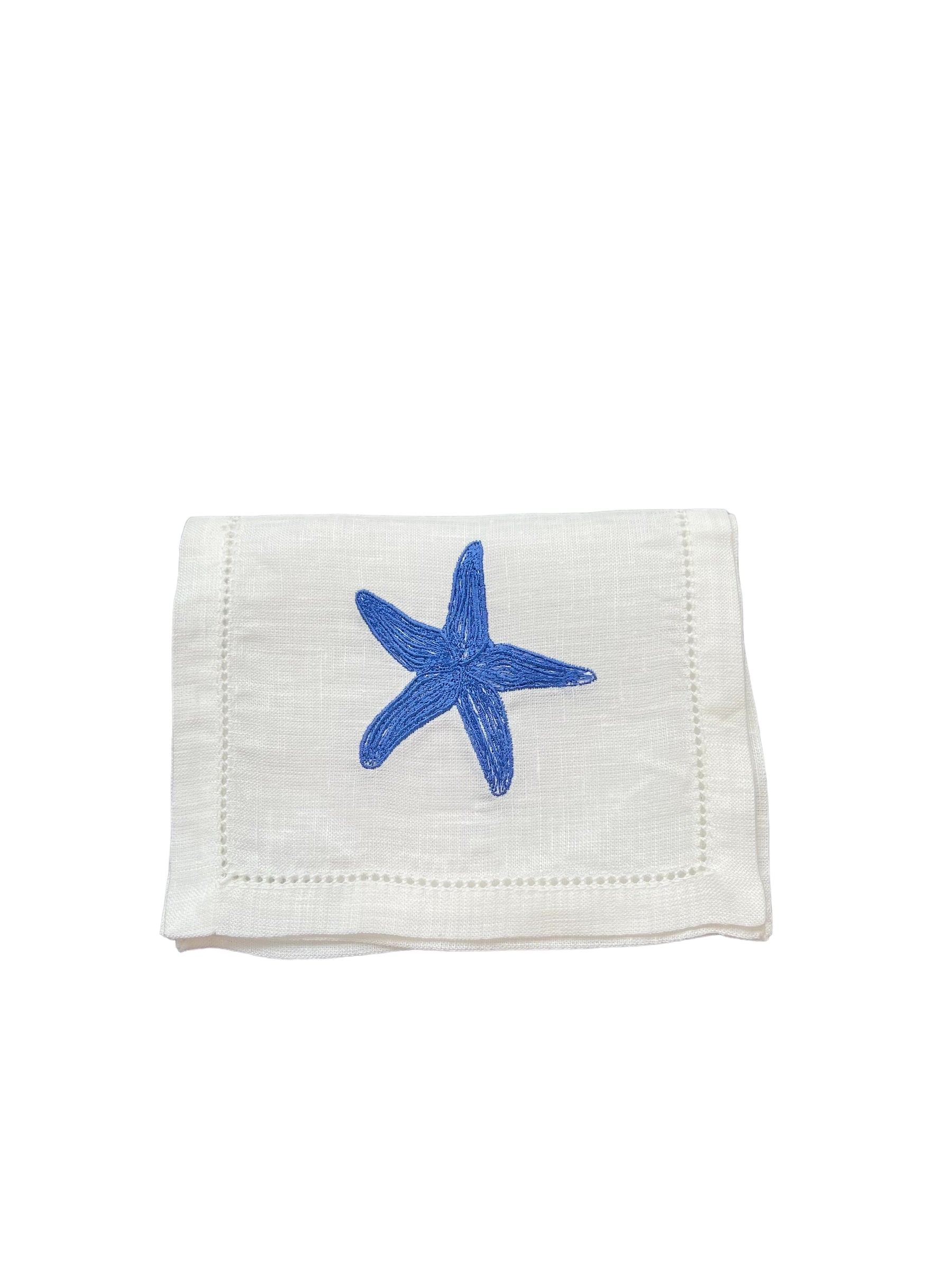 Blue Starfish on White Linen Cocktail Napkins, Set of 4
