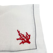 Red Coral Embroidered on White Linen with Silver boarder Dinner Napkins, set of 4