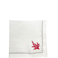 Red Coral Embroidered on White Linen with Silver boarder Dinner Napkins, set of 4