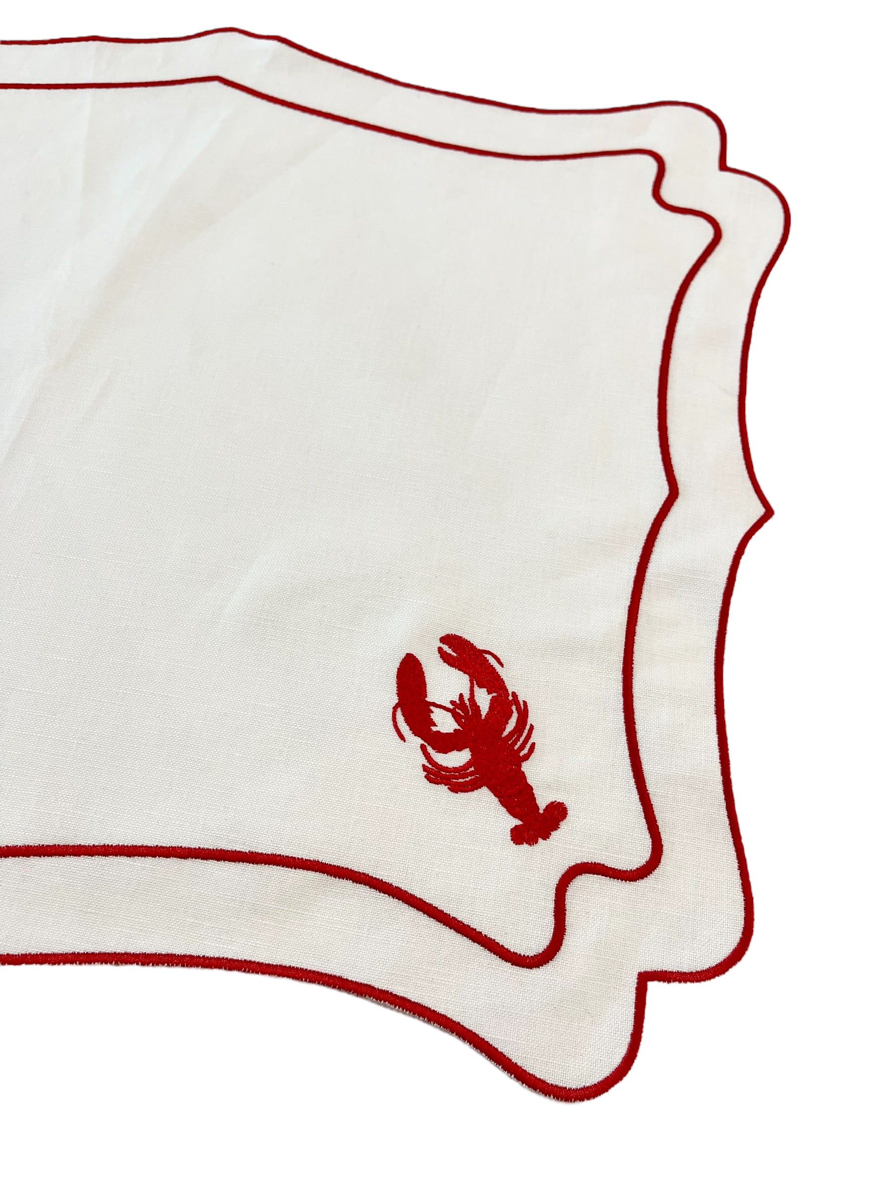 RED LOBSTER HAND EMBROIDERED ON WHITE LINEN PLACEMATS, SET OF 4