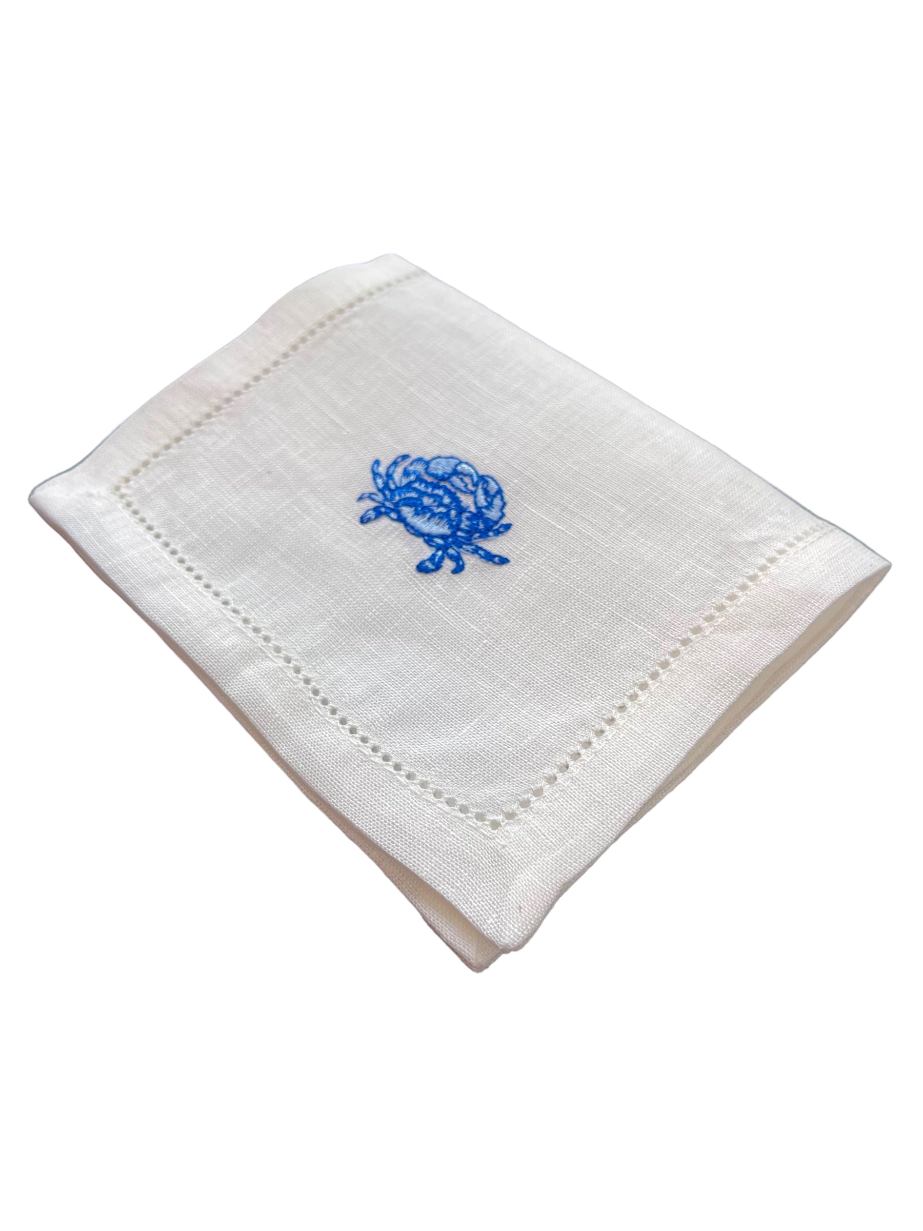Blue Crab on White Linen Cocktail Napkins, Set of 4