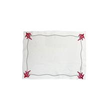 Red Coral Embroidered on White Linen with Silver boarder Placemats, set of 4