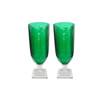 Pair of Large Etched Palm Green Glass Hurricanes