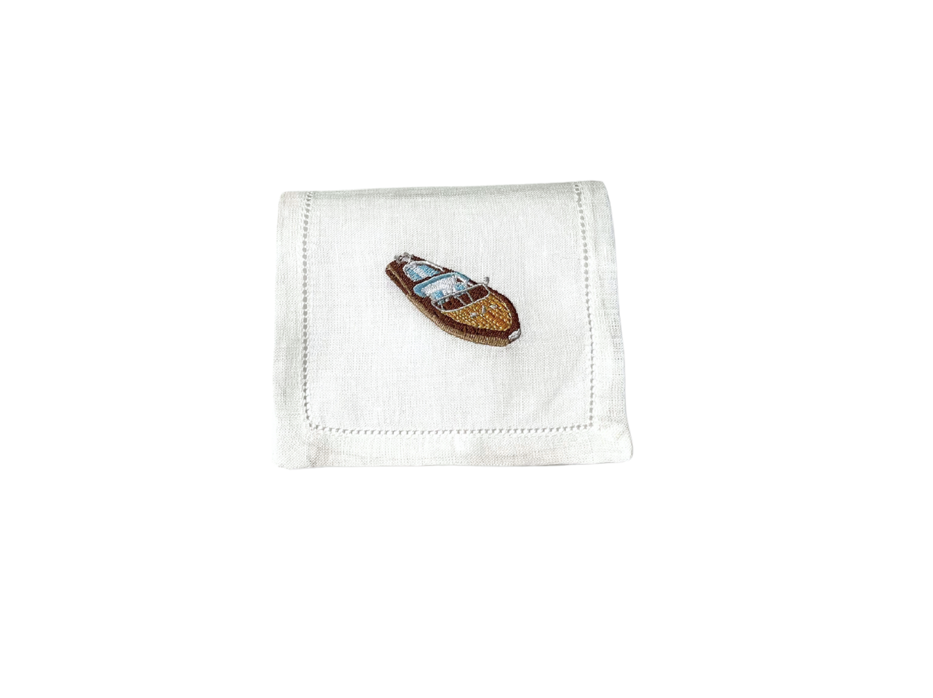 Riva Boat on White Linen Cocktail Napkins, Set of 4