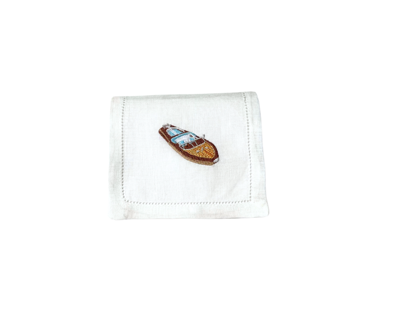 Riva Boat on White Linen Cocktail Napkins, Set of 4