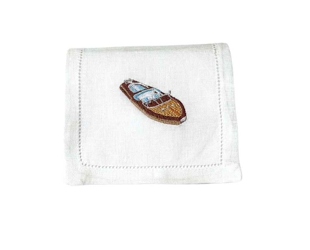 Riva Boat on White Linen Cocktail Napkins, Set of 4