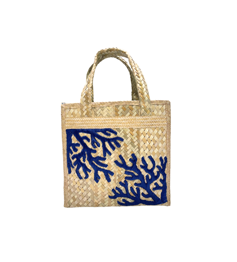 Medium Navy Coral Embroidered Box Tote with Bahama Handprint Fabric Li Danielle Rollins Brands LLC