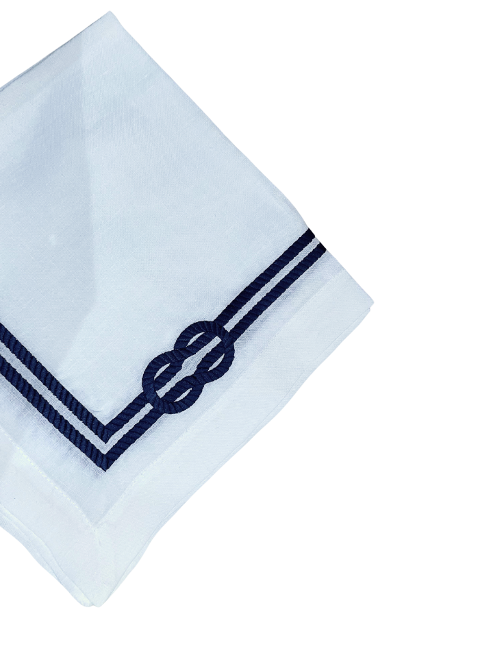 White Linen with Hand Embroidered Navy Rope Dinner Napkins, Set of 4