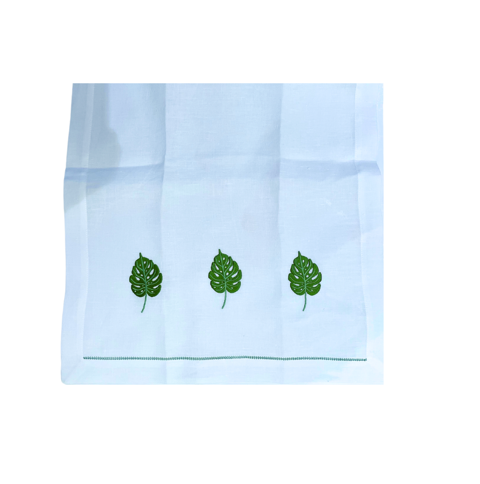 Triple Monstera Leaf Embroidered Hand Towel, Set of 4