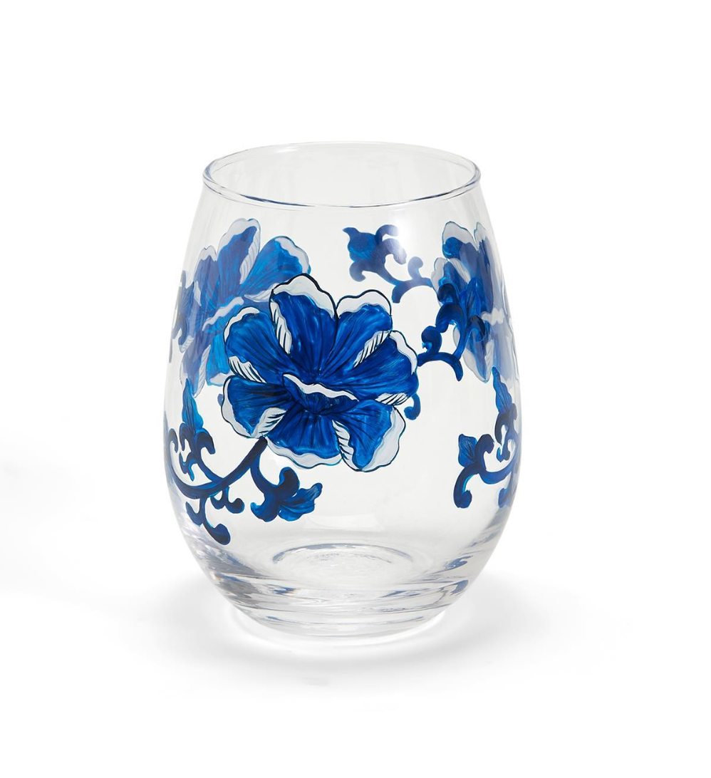 Hand-Painted Blue and White Flower Stemless Wine Glass, Set of 4