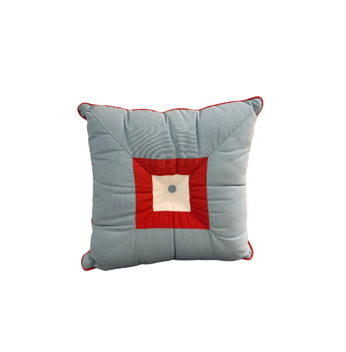 18" Square Blue Pillow Indoor/Outdoor with Red/White Square Detail