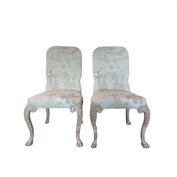 Danielle Rollins "Carlyle" Covered Vintage Carved Leg Armless Chairs, A Pair