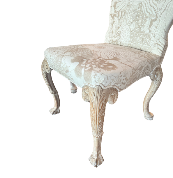 Danielle Rollins "Carlyle" Covered Vintage Carved Leg Armless Chairs, A Pair