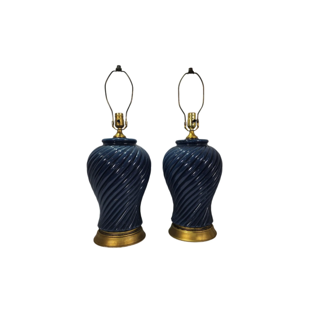 Vintage Navy Blue Pressed Glass With Swirl Detail Lamp, A Pair